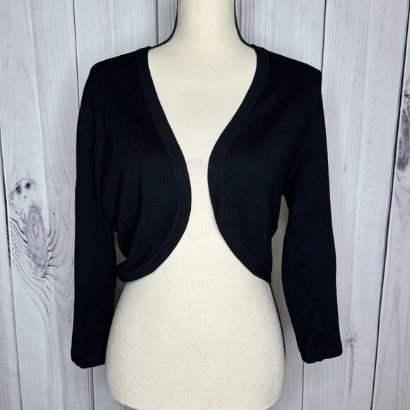 Ann Taylor Short Shrug Open Bolero Cardigan Sweater Black Sz M 3/4 Sleeve - Picture 1 of 6